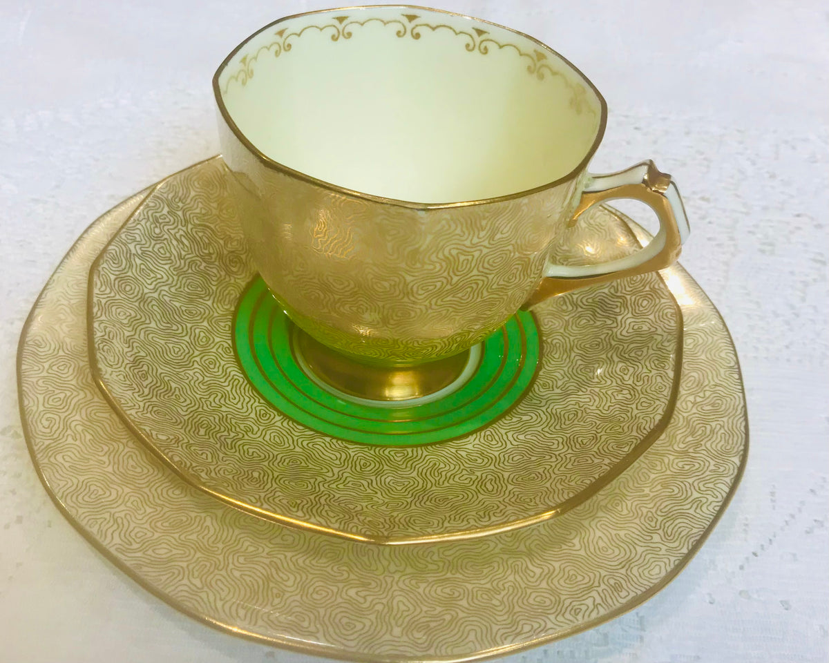Vintage Tuscan Bone China Teacup Trio Green  & Gold /1940’s