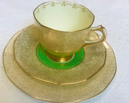 Vintage Tuscan Bone China Teacup Trio Green  & Gold /1940’s