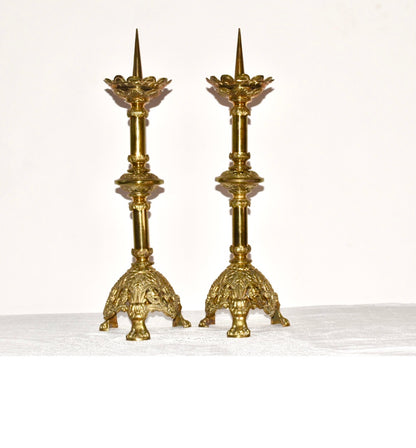 Antique A Pair of Tall Brass Pricket Candlesticks