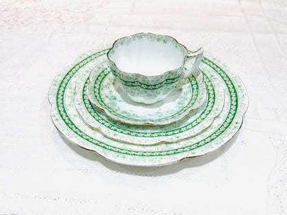 Foley Wileman Pre Shelley Antique Teacup Saucer Tea plate green white flowers gilded fluted teacup collectors cup snowdrop shape
