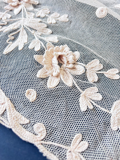 Vintage Floral Embroidered Lace Panel – Scalloped Mesh, Beige Threadwork, Textile Art