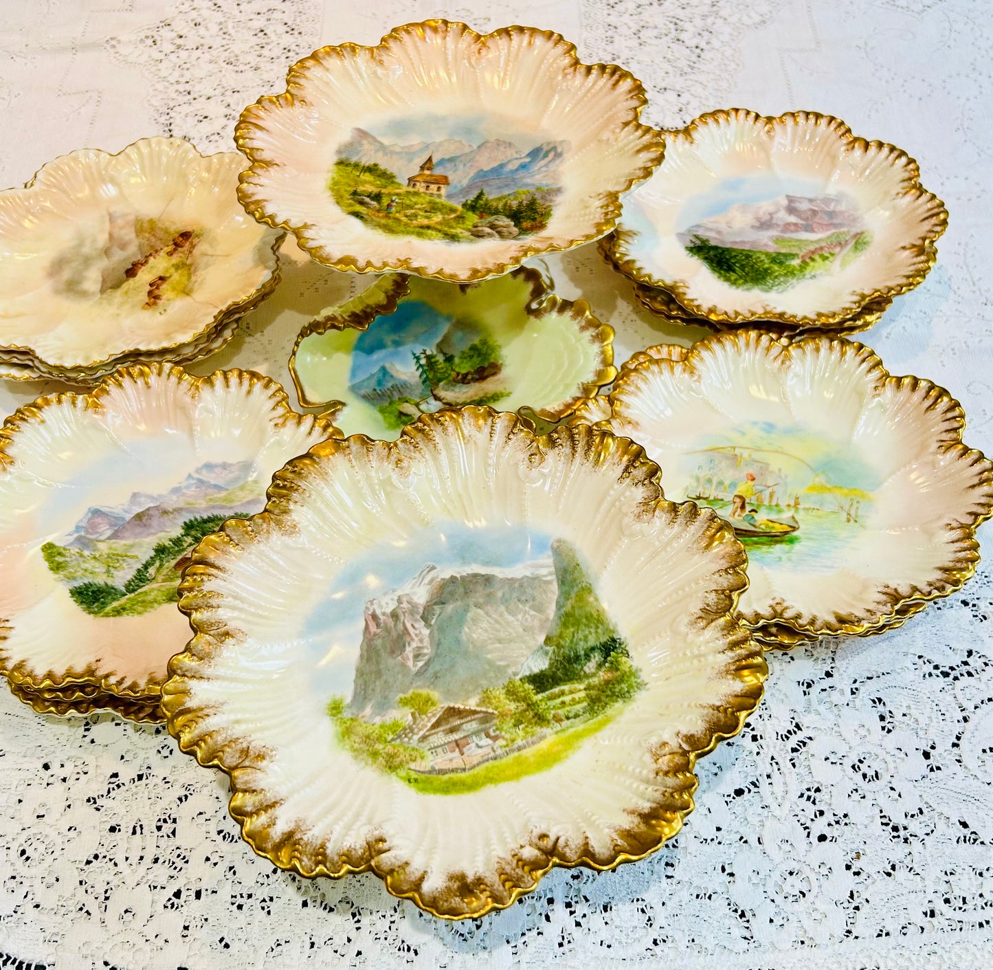 Antikes Dessertset Crown Staffordshire Mountain Scenes Europe