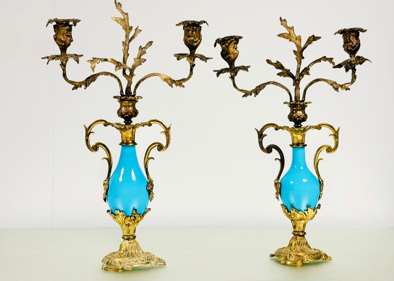 Antique French Candlesticks - Turquoise & Gilt - Louis XV