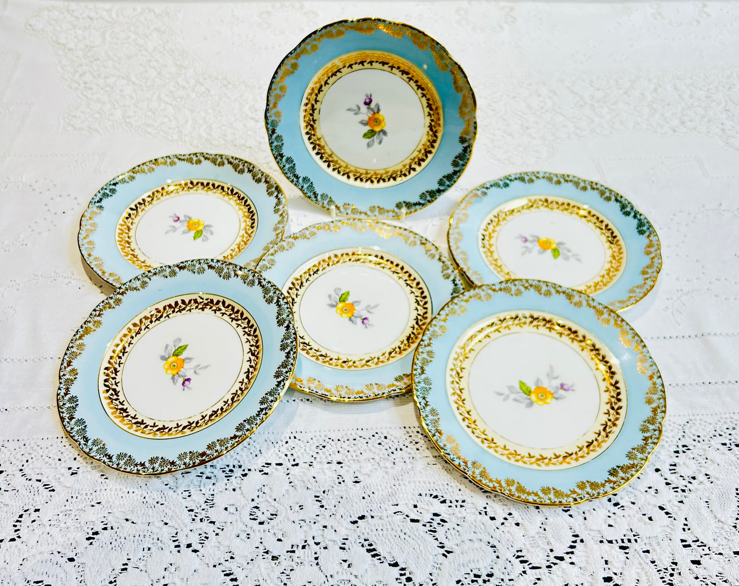 Gladstone China  - English Vintage Afternoon Tea - Blue & Gold edge tea plates & saucers / floral