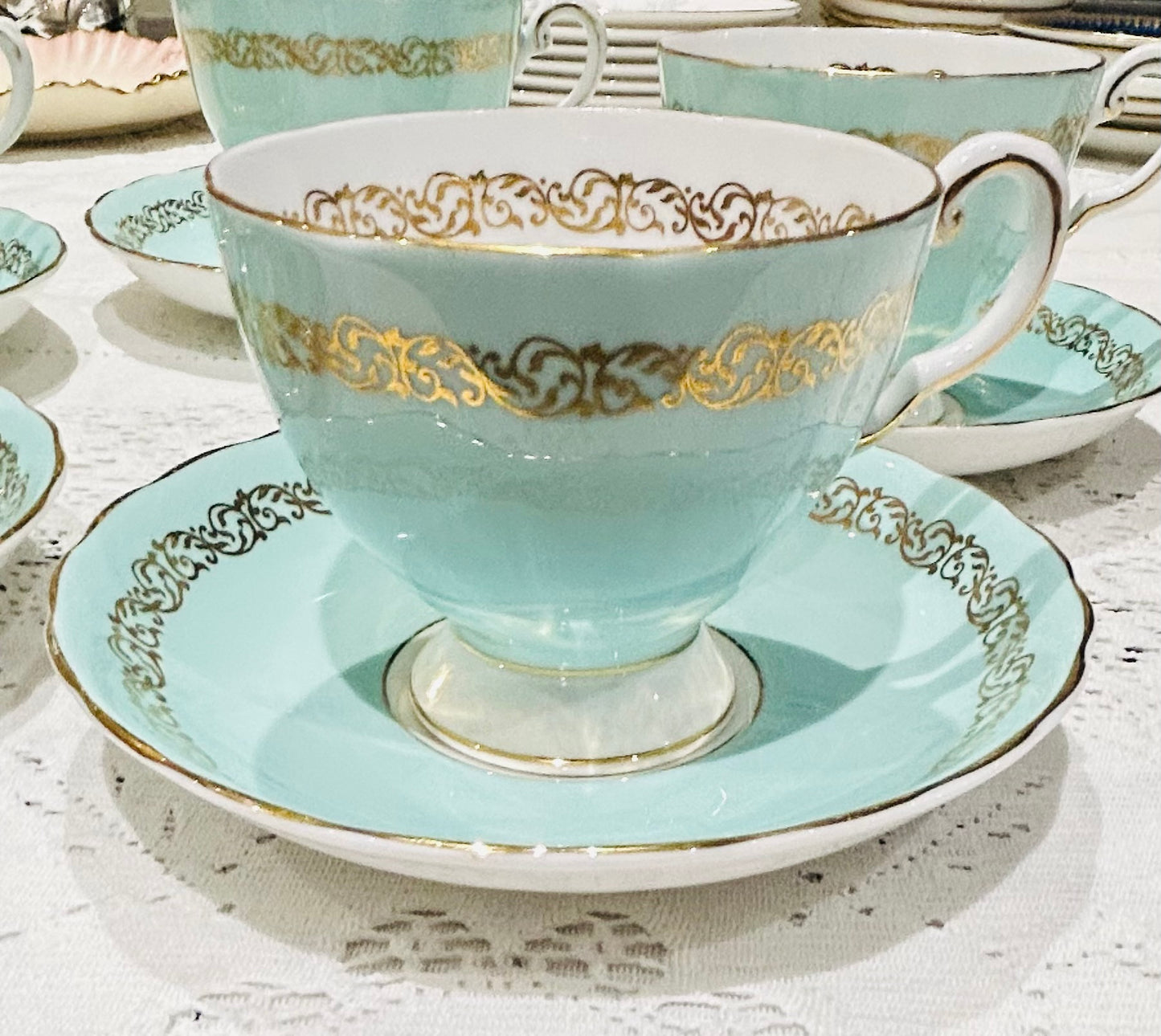 Tuscan Duck Egg Blue Vintage China Teacups /Saucers