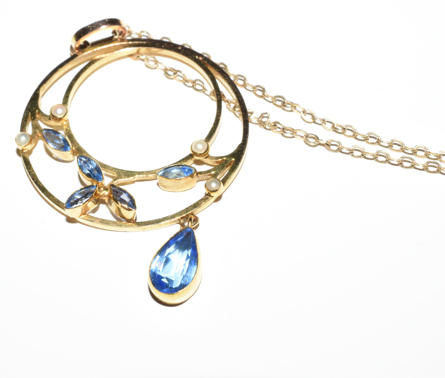 Antique 9ct Gold Blue Gemstone & Seed Pearl Ladies Necklace