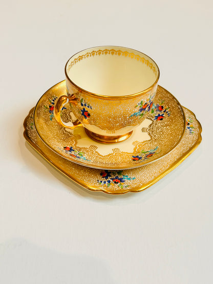 Tuscan English Bone China Teacup Saucer Trio Set – 1930s Art Deco - Gold