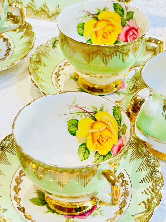 Imperial China Pink & Yellow Rose Teacup & Saucer Trio
