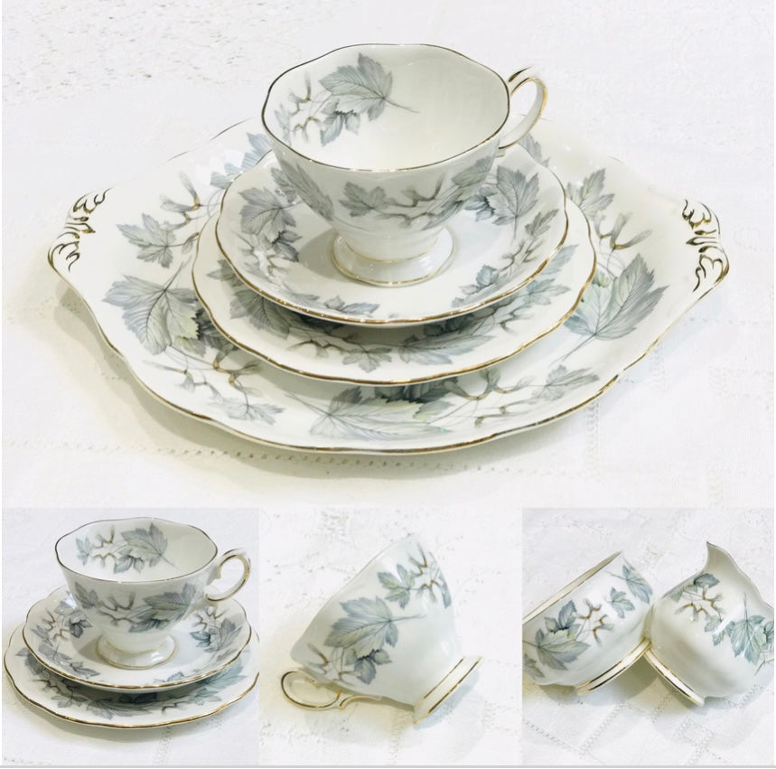 Silver Maple Pattern. &nbsp;A stunning Tea Set by Royal Albert China. &nbsp;A 21 piece set for 6 people. &nbsp; Very good condition.&nbsp;  6 Teacups 6 Saucers 6 Teaplates 1 Cake Plate 1 Milk Jug 1 Sugar Bowl 1 Cake Plate