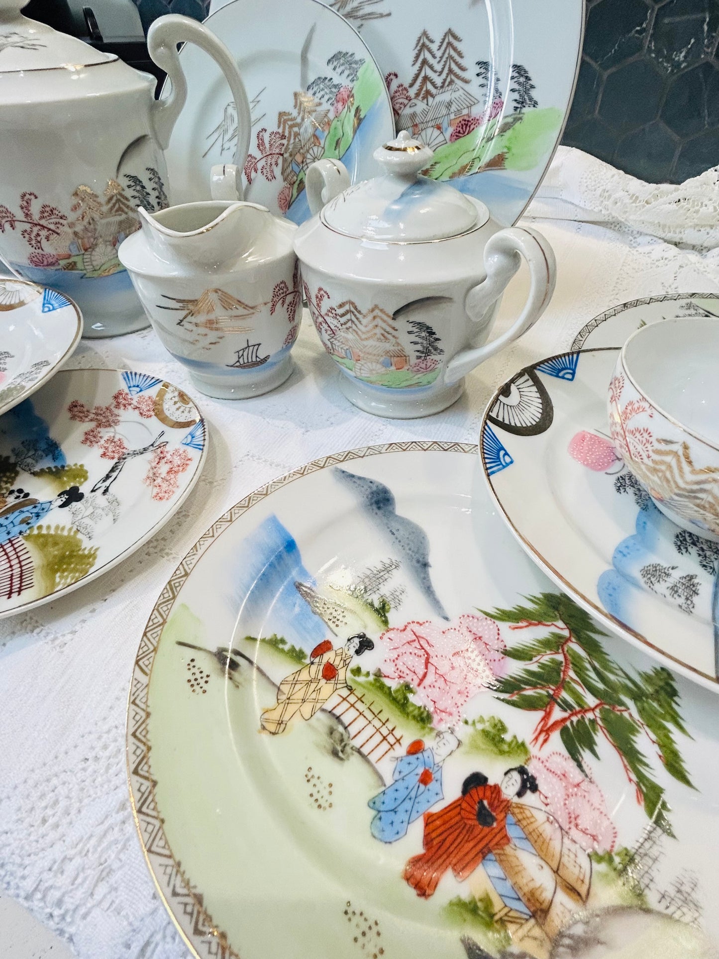 Vintage Japanese Porcelain Tea Set – Painted Landscape Design, Mixed 11-Piece Collection