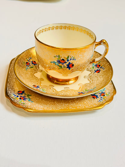 Tuscan English Bone China Teacup Saucer Trio Set – 1930s Art Deco - Gold