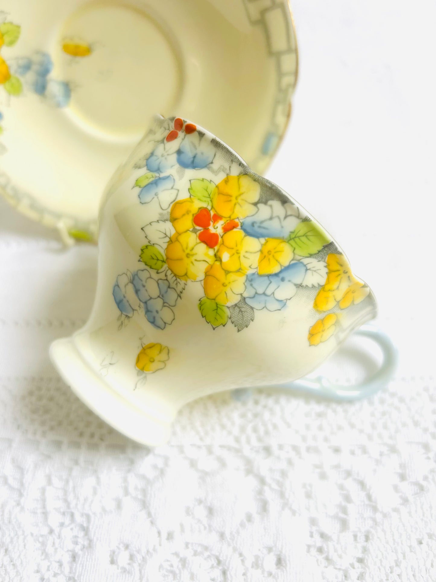 Paragon China Cup & Saucer | 1930s Floral Gift Set English China / Yellow & Blue