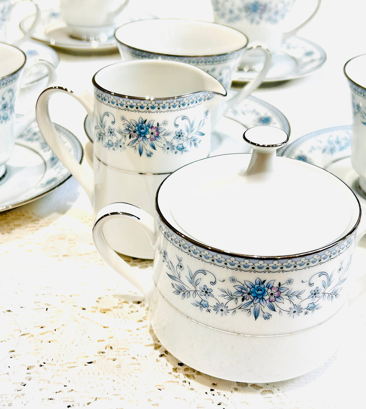 Vintage Noritake Bone  China Tea Set - Blue Hill Teacups & Saucers
