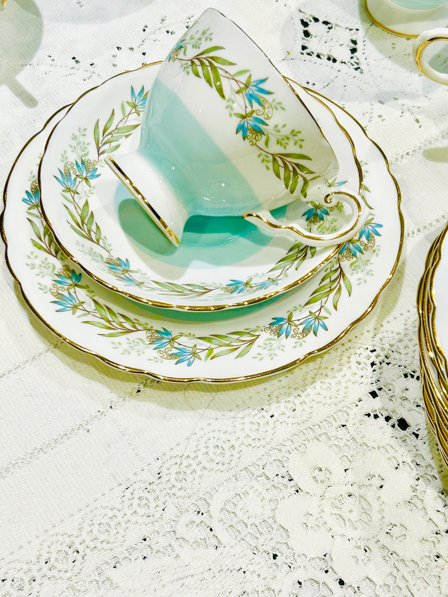 Tuscan China Teacup Trio – Mid‑Century Vintage Tea Set – “Fresco” Pattern - White & Duck Egg Blue Bone China
