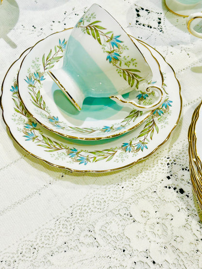 Tuscan China Teacup Trio – Mid‑Century Vintage Tea Set – “Fresco” Pattern - White & Duck Egg Blue Bone China