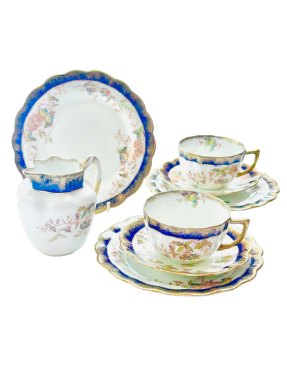 Victorian fine china tea set blue gold accent hand painted flowers 