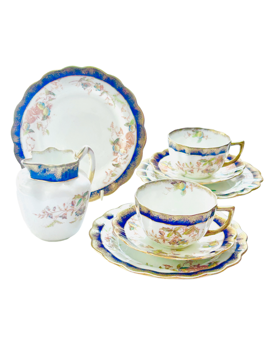Victorian fine china tea set blue gold accent hand painted flowers 