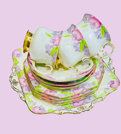 Paragon China Pink Floral Teacups & Saucers Pink Purple Set