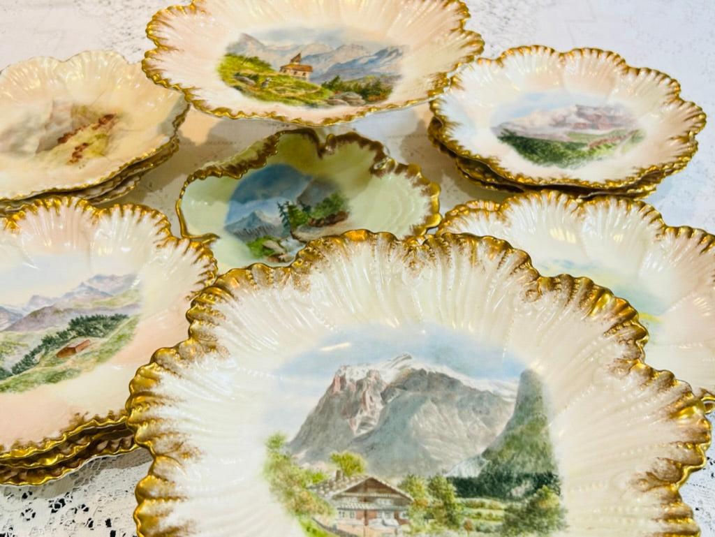 Antikes Dessertset Crown Staffordshire Mountain Scenes Europe