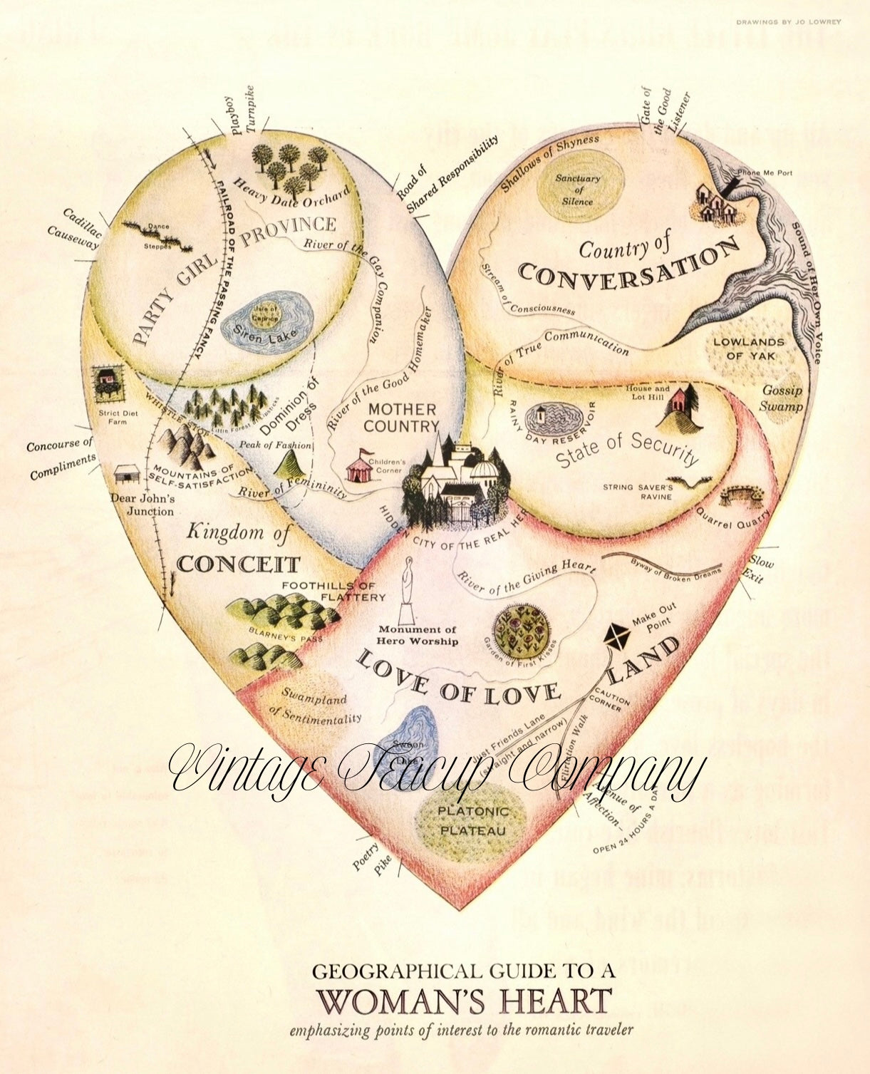 A Geographical Guide To A Woman’s Heart | Vintage Map Print of Love & Emotion