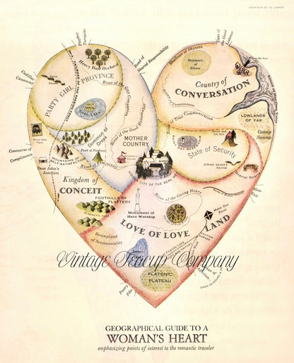 A Geographical Guide To A Woman’s Heart | Vintage Map Print of Love & Emotion
