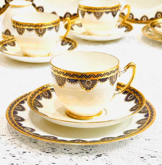 Antique English Fine China - Paragon Star Antique Edwardian Tea Set - white blue gold teacups & saucers 