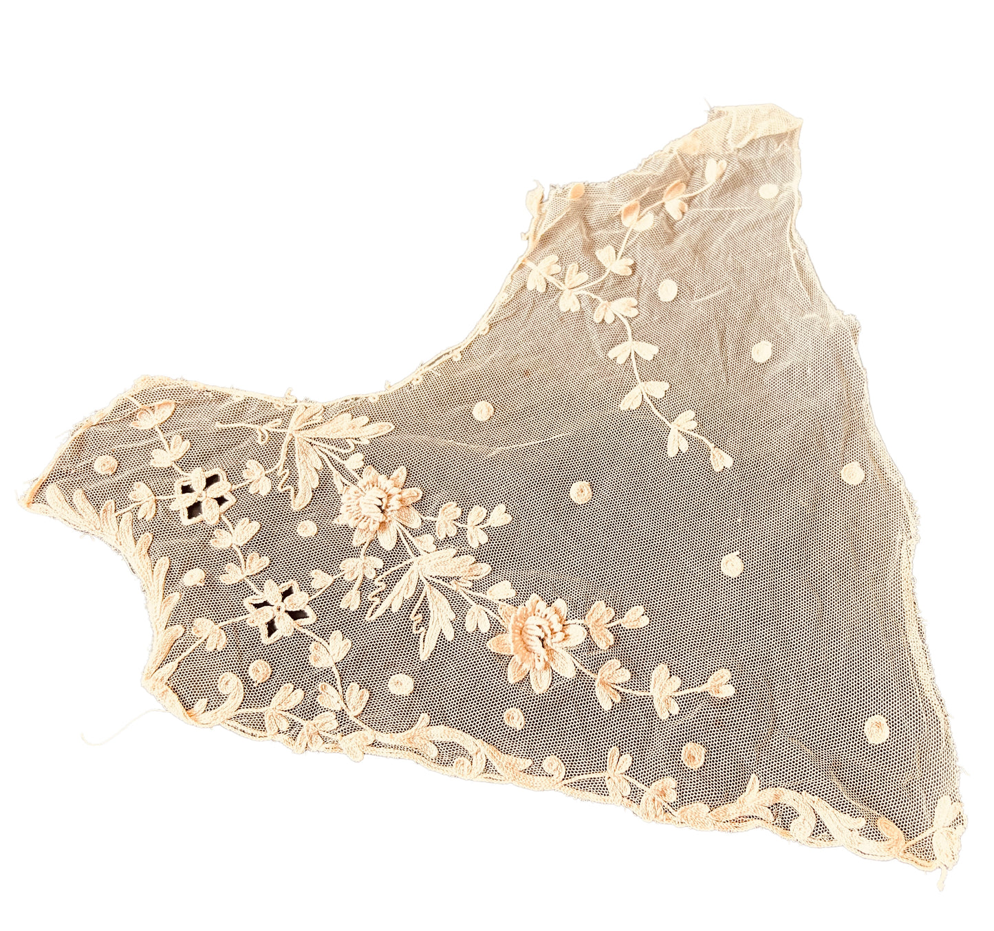 Vintage Floral Embroidered Lace Panel – Scalloped Mesh, Beige Threadwork, Textile Art