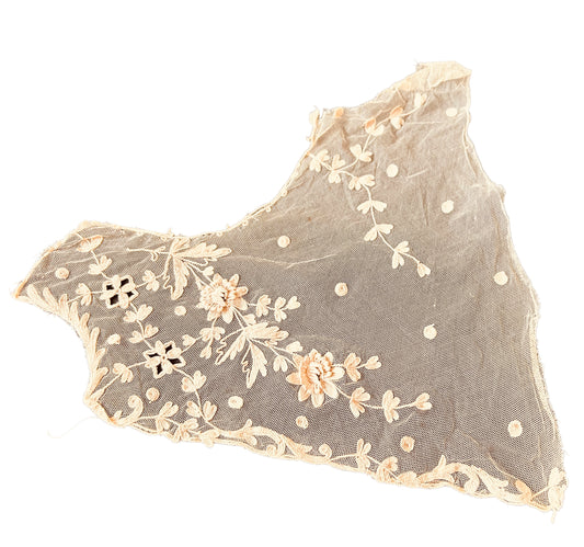Vintage Floral Embroidered Lace Panel – Scalloped Mesh, Beige Threadwork, Textile Art