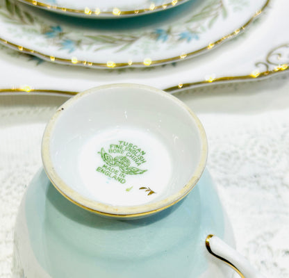 Tuscan China Teacup Trio – Mid‑Century Vintage Tea Set – “Fresco” Pattern - White & Duck Egg Blue Bone China
