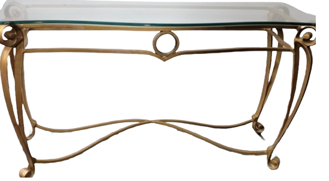 Gilt finished wrought iron and glass console  table - vintage mid century - Heavy!