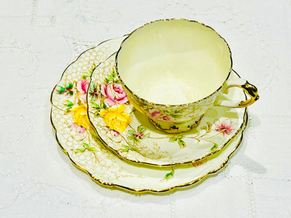 Paragon China - Vintage Pink & Yellow Rose Porcelain Tea Set – Gold Trimmed Cup, Saucer & Plate