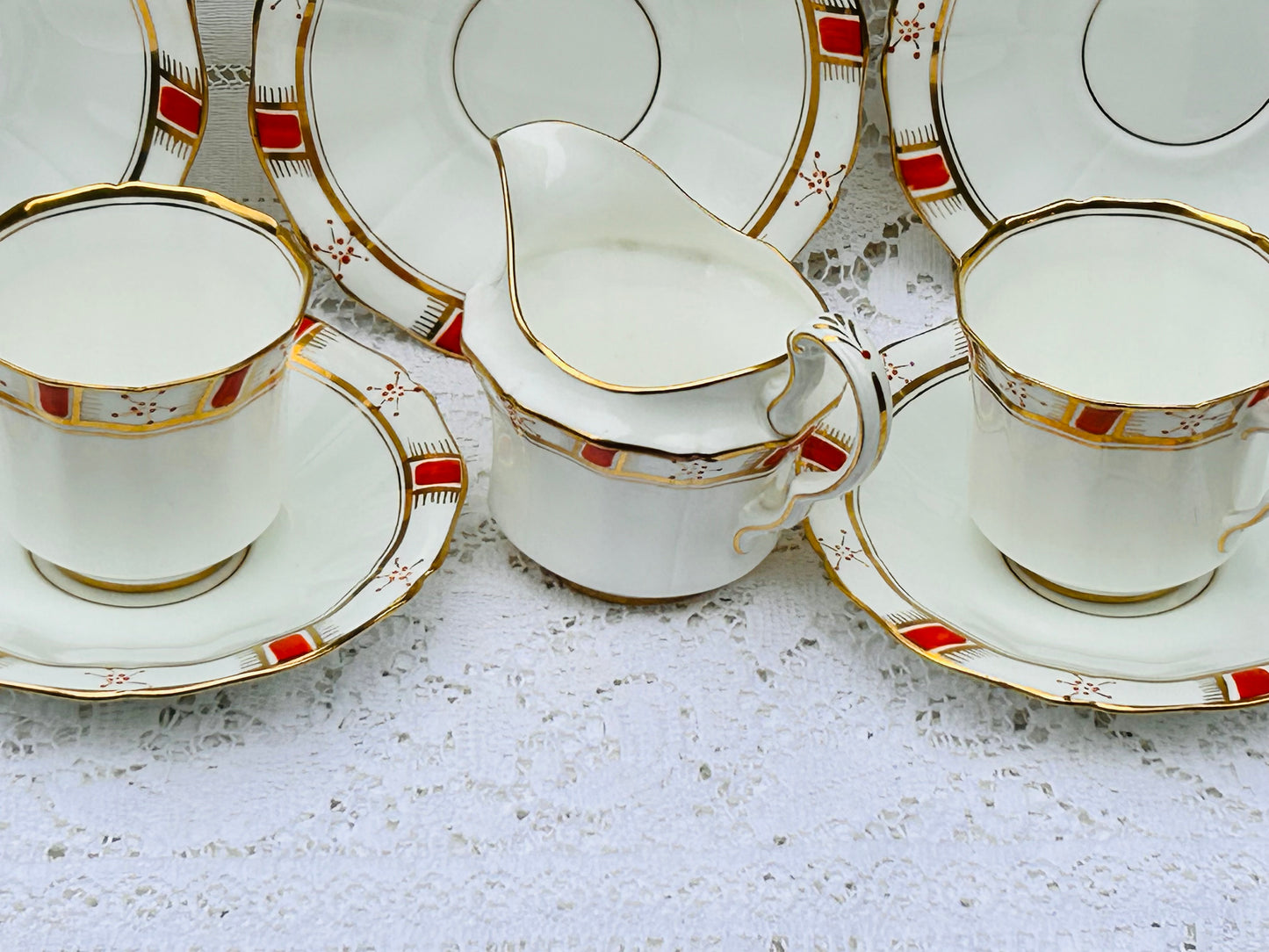 Bold Red & Gold Art Deco China by Fenton Part Tea Set E Hughes Paladin