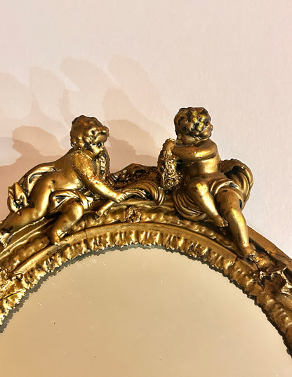 Antique Small Oval Pair of Gilt Mirrors with cherubs ornate wall decor