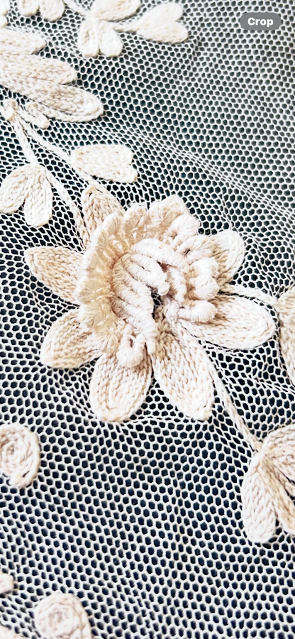 Vintage Floral Embroidered Lace Panel – Scalloped Mesh, Beige Threadwork, Textile Art