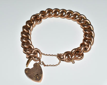 Ladies Antique 9ct Gold Heart Padlock Charm Bracelet