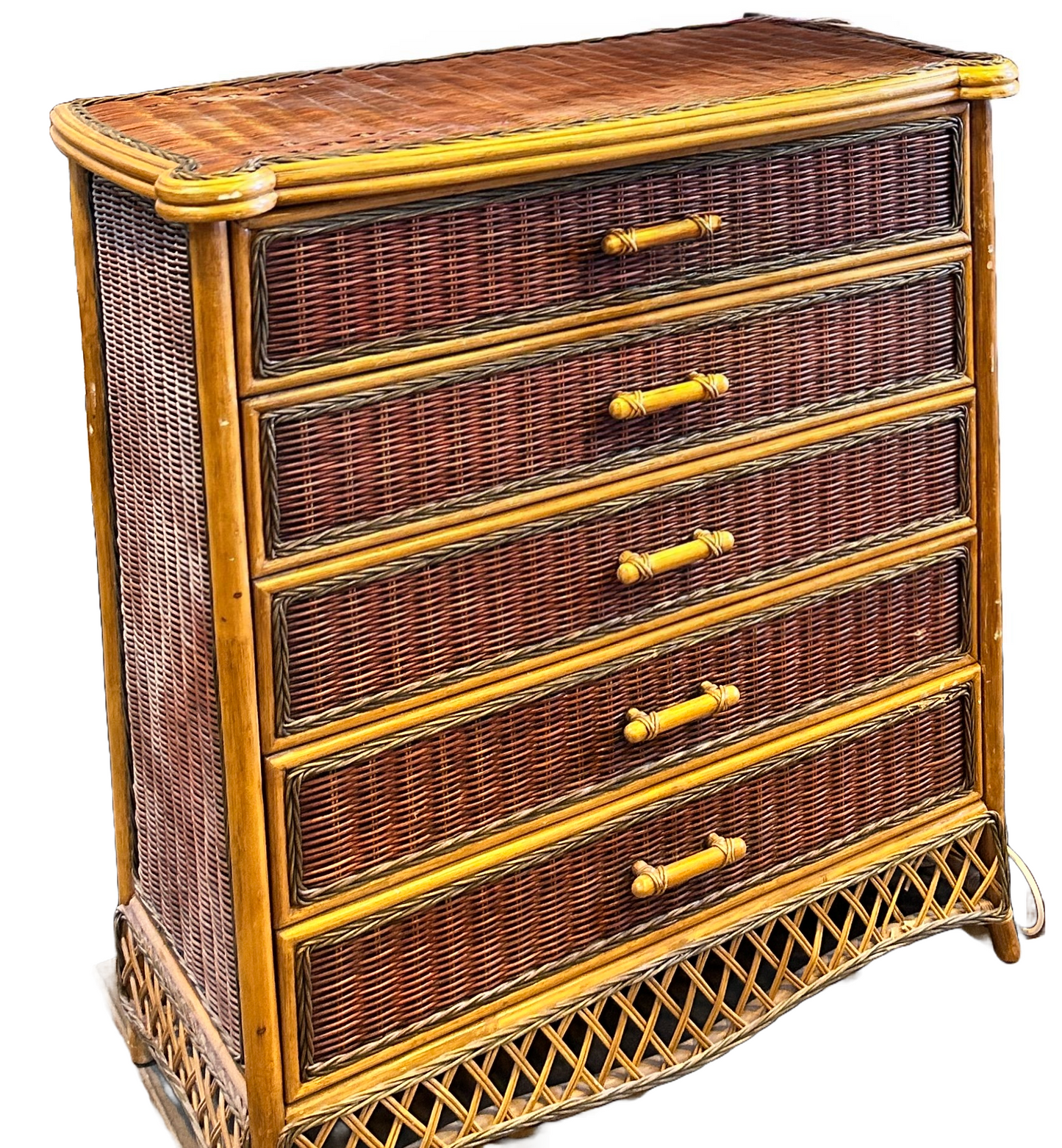 Rare Vintage Wicker Rattan Bamboo 5-Drawer Chest of Drawers  - 95cm x 50cm x 107cm