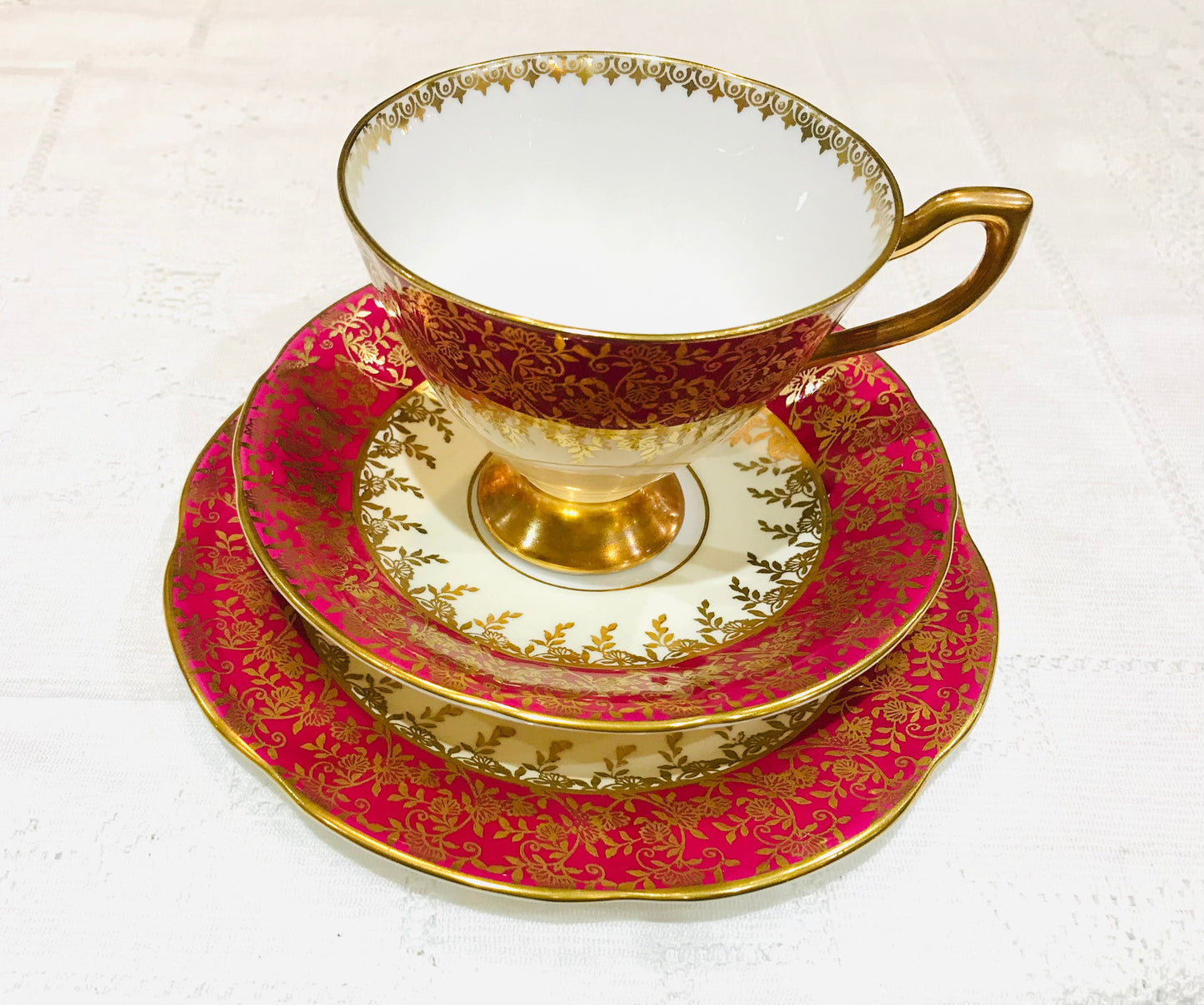 Vintage Tea Set Cranberry & Gold