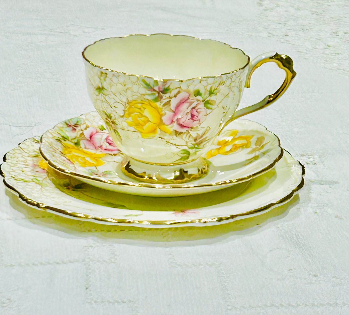 Paragon China - Vintage Pink & Yellow Rose Porcelain Tea Set – Gold Trimmed Cup, Saucer & Plate