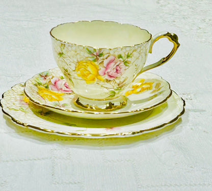 Paragon China - Vintage Pink & Yellow Rose Porcelain Tea Set – Gold Trimmed Cup, Saucer & Plate