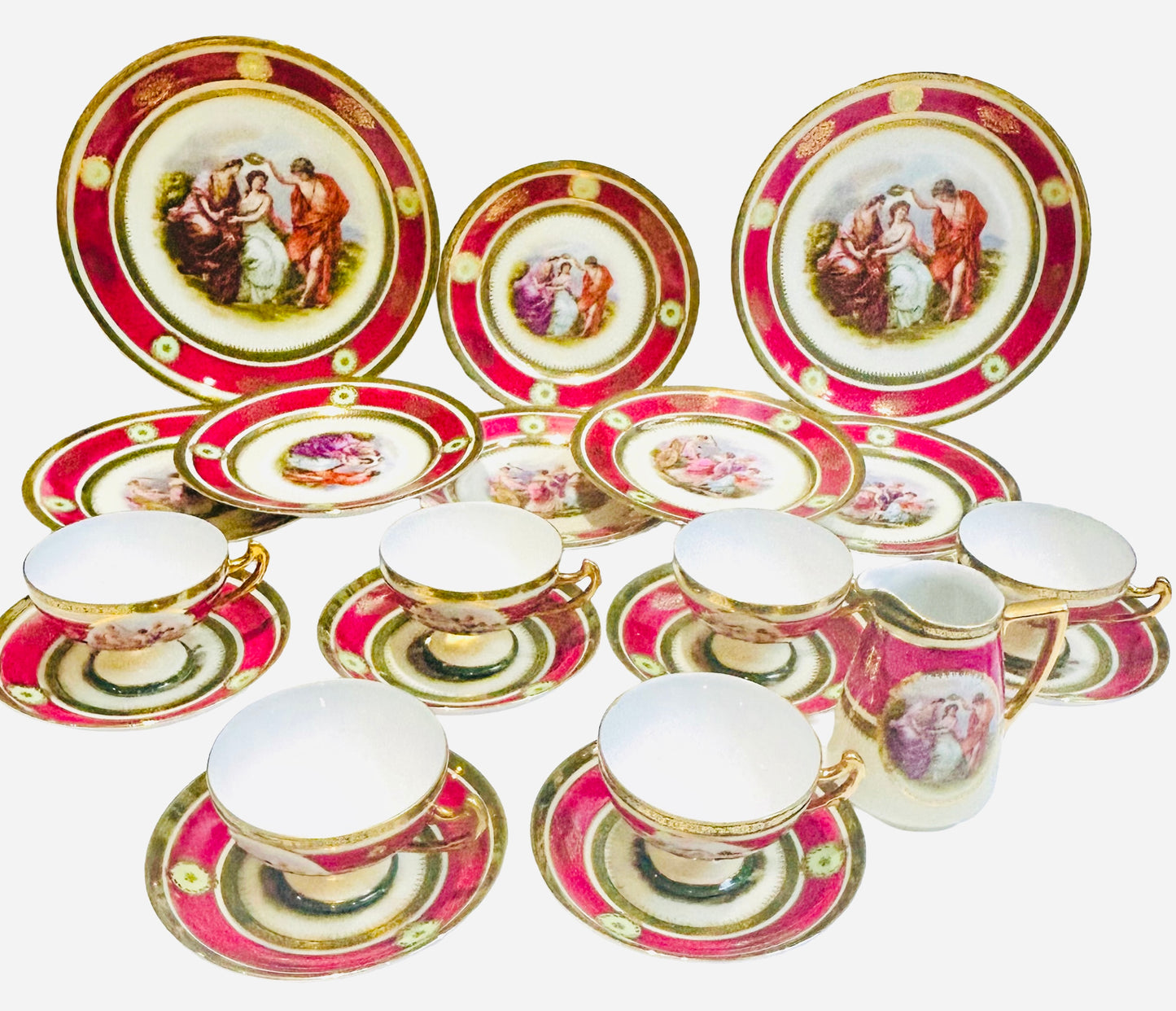 Mid‑Century APIRAG EPIAG Tea Set – Czechoslovakia Porcelain, Gold Gilt, Romantic Courting Scene