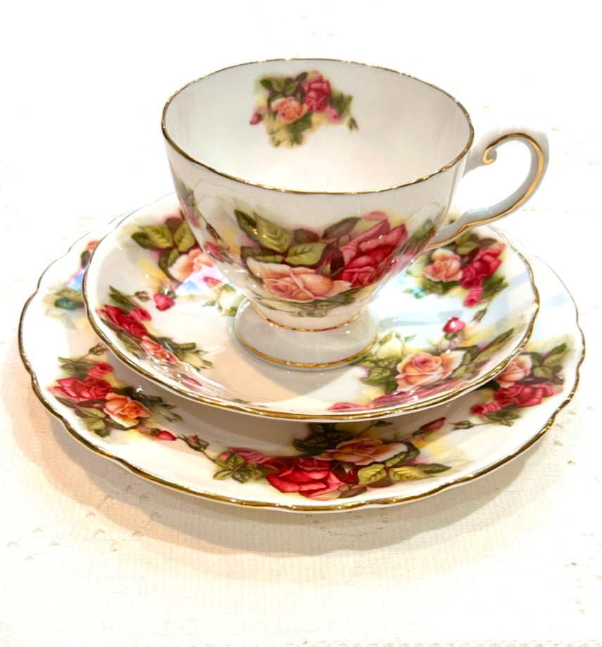 Tuscan Pink Rose Teacup Trio