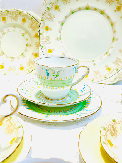 Mismatched vintage yellow tea set, perfect for an afternoon tea. Includes beautiful pieces by Tuscan and Royal Grafton China