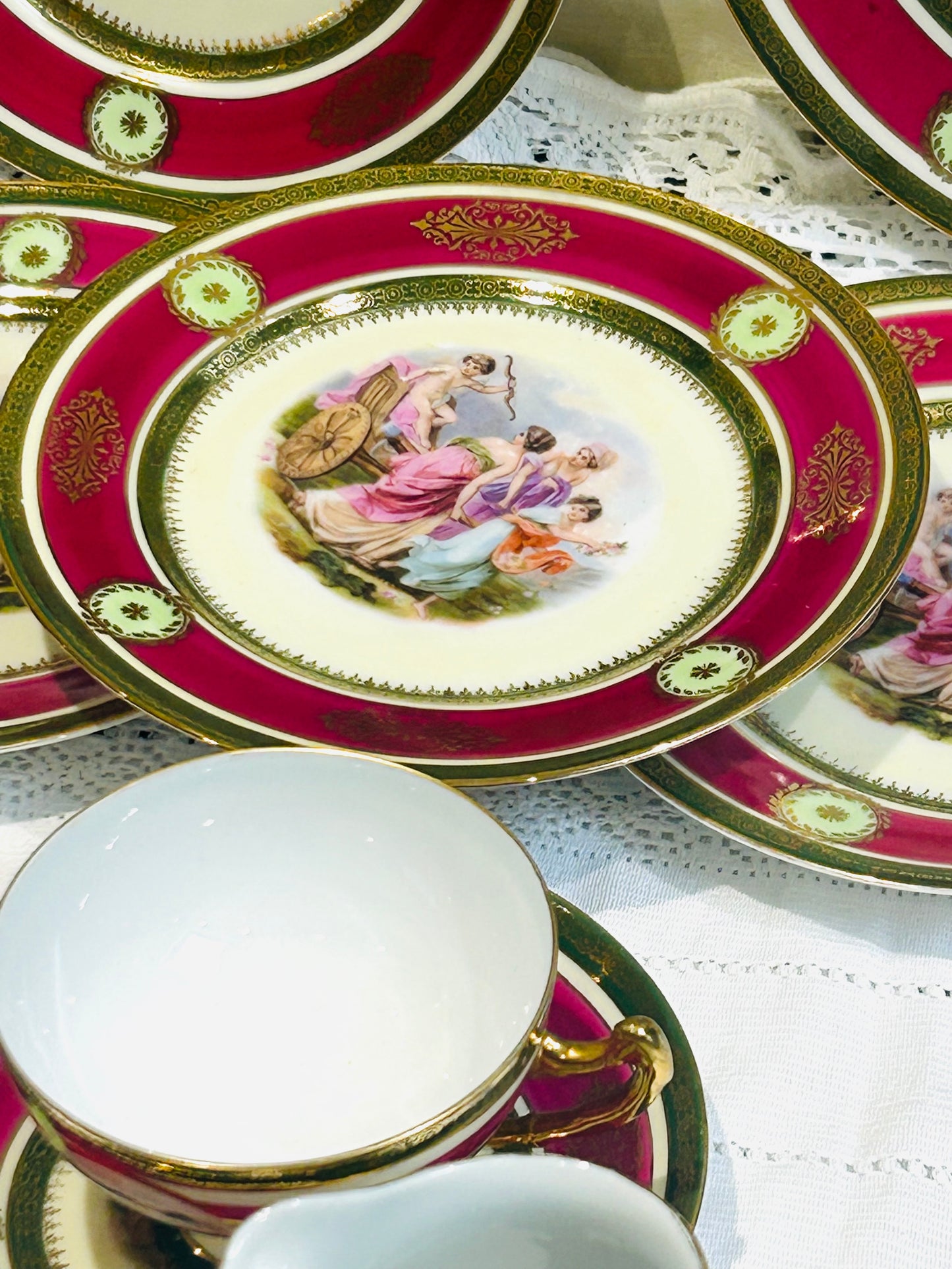 Vintage EPIAG Czechoslovakia Tea Set – Rococo Pink & Gold Porcelain with Romantic Scenes