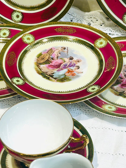 Vintage EPIAG Czechoslovakia Tea Set – Rococo Pink & Gold Porcelain with Romantic Scenes