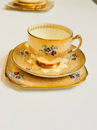 Tuscan English Bone China Teacup Saucer Trio Set – 1930s Art Deco - Gold