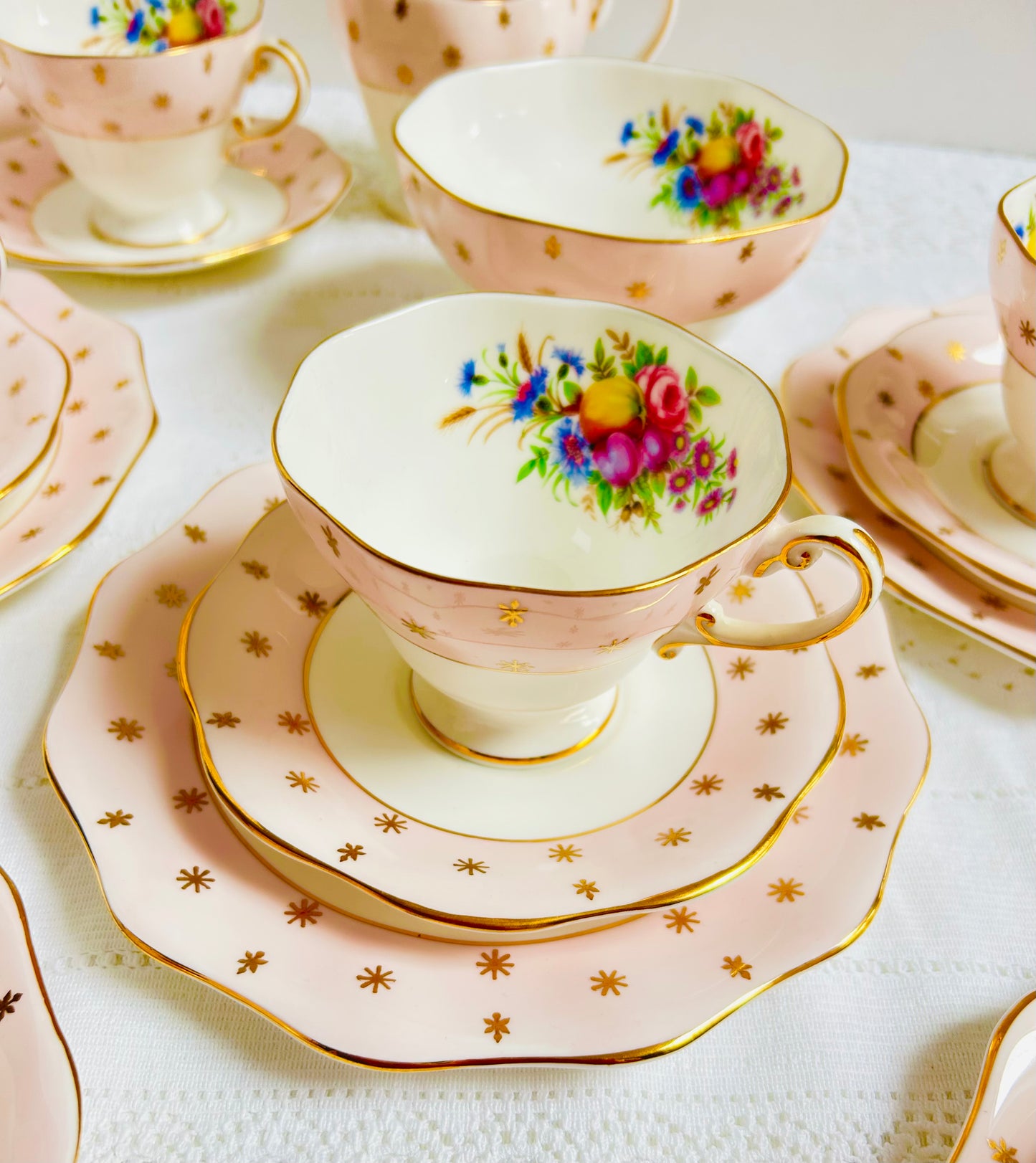 Foley Vintage Pink Tea Set | Floral Chintz Bone China with Gold Star Detail