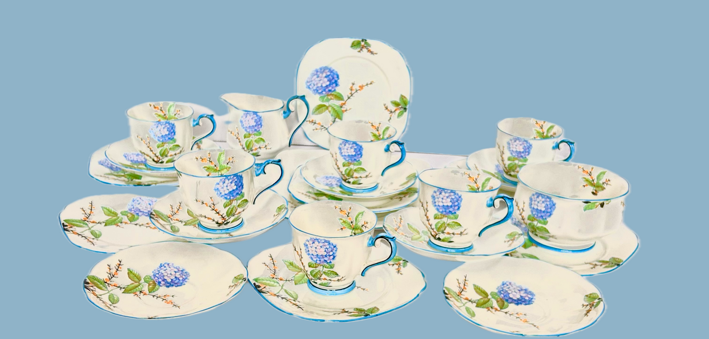 Very Rare Art Deco Royal Albert Blue Hydrangea Bone China Tea Set