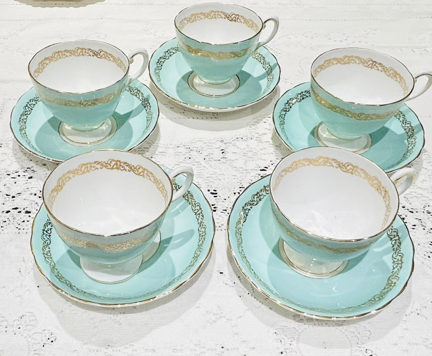 Tuscan Duck Egg Blue Vintage China Teacups /Saucers