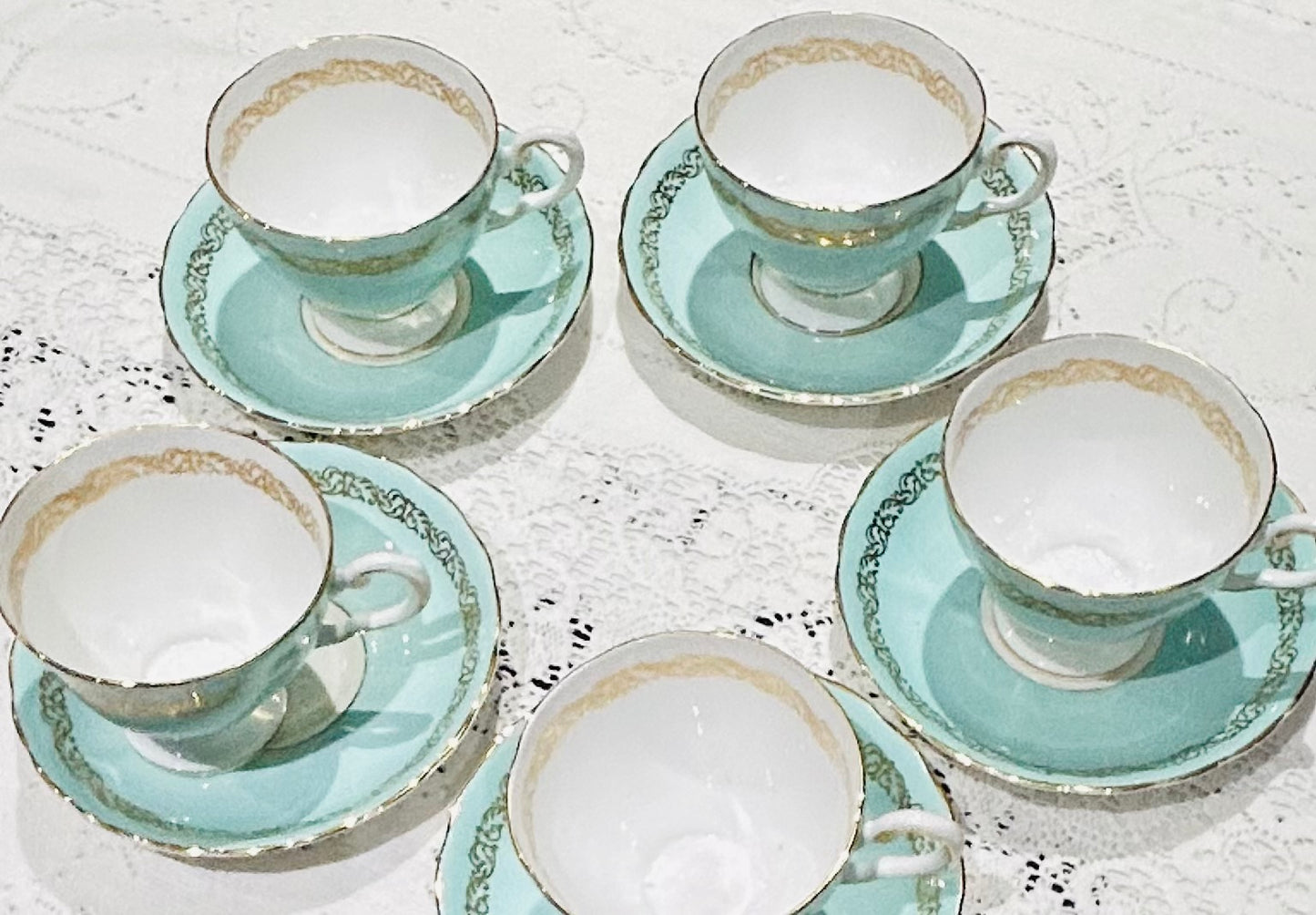 Tuscan Duck Egg Blue Vintage China Teacups /Saucers
