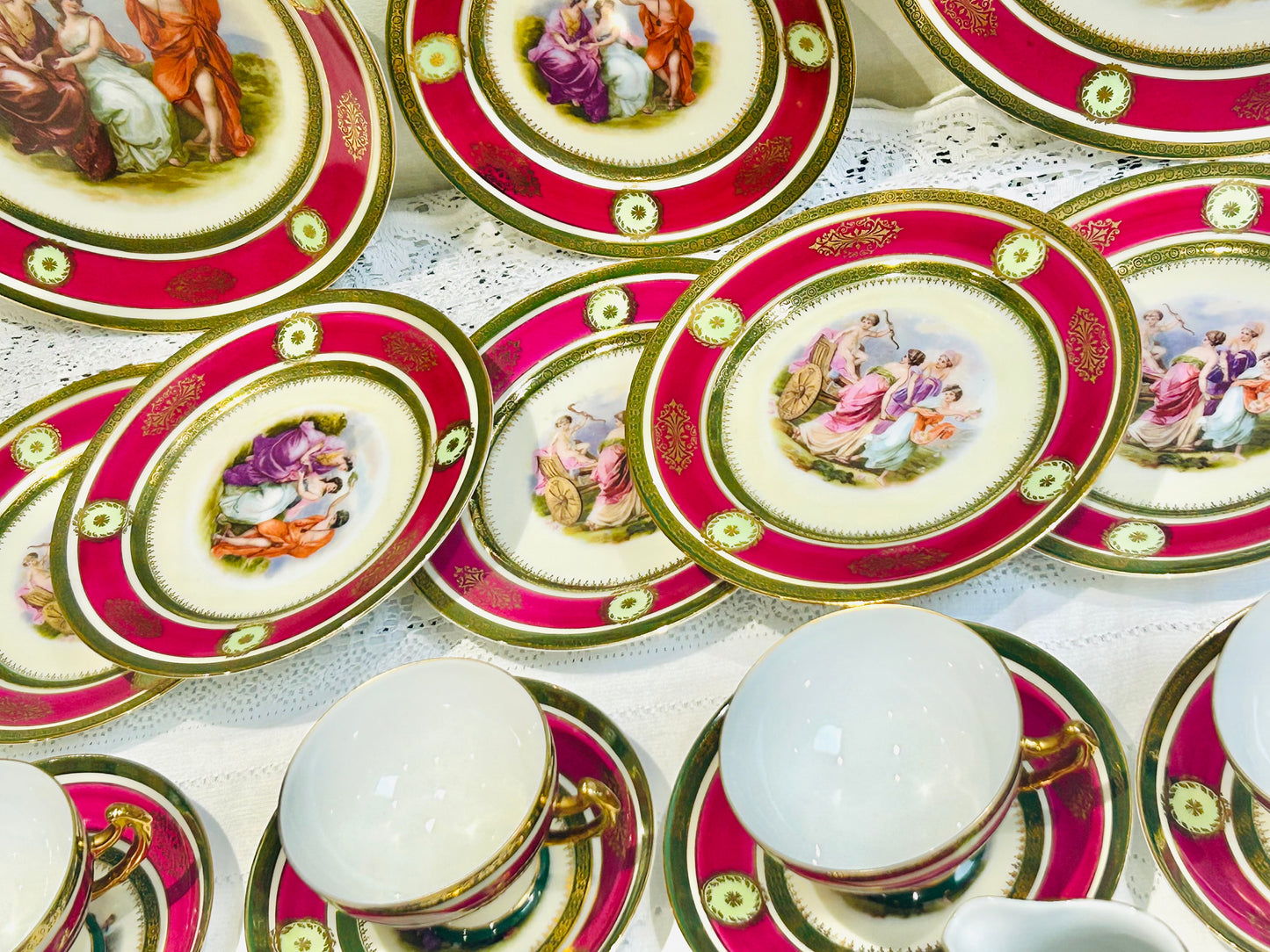 Vintage EPIAG Czechoslovakia Tea Set – Rococo Pink & Gold Porcelain with Romantic Scenes